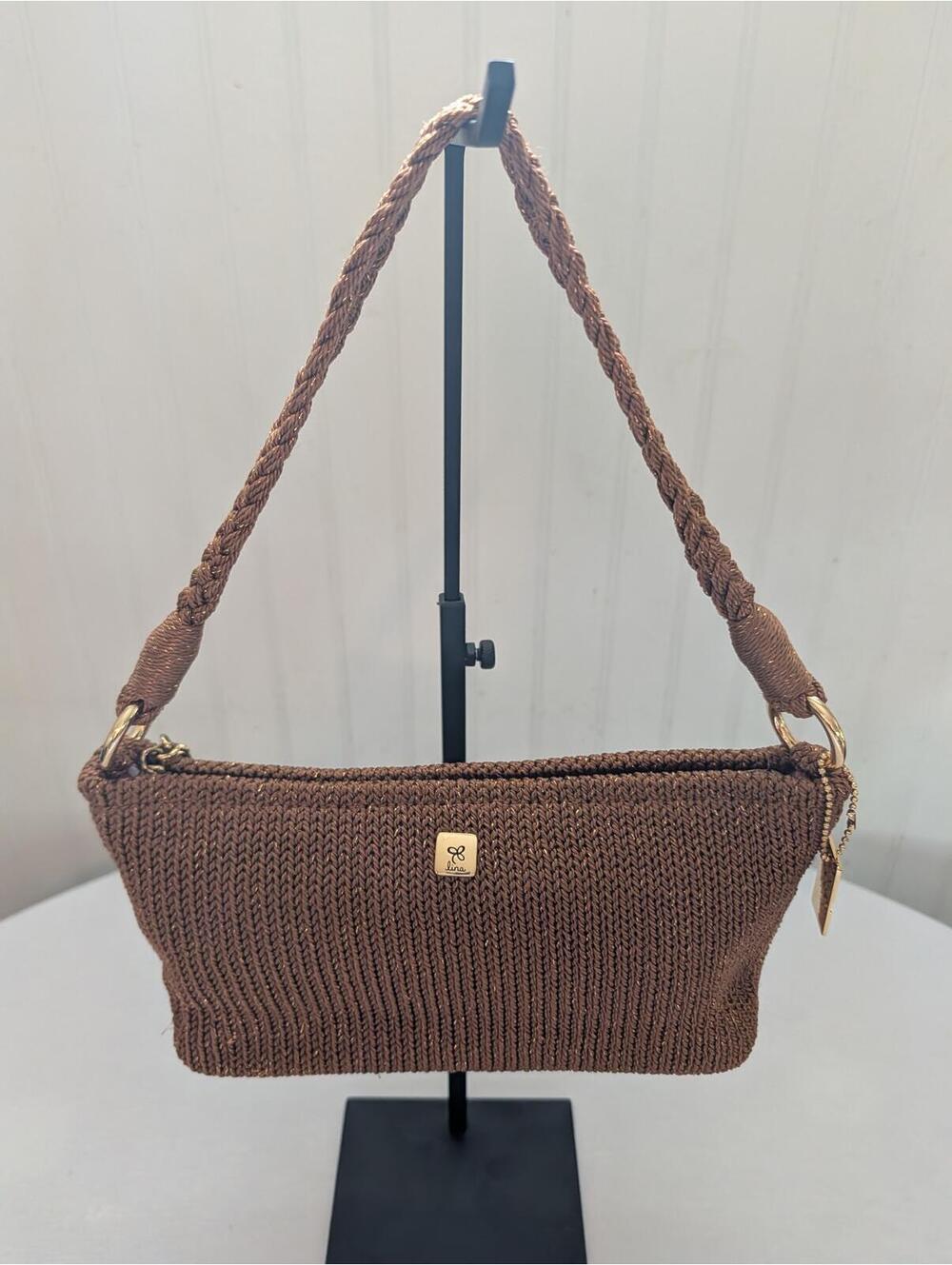 Lina Brown Sparkle Knit Shoulder Bag with Pink Floral Interior